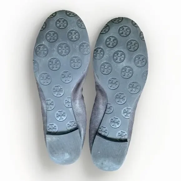 TORY BURCH Leather Snakeskin Ballet Flat Slip-On Shoe Grey Gunmetal Logo WMNS 9 - Picture 4 of 14